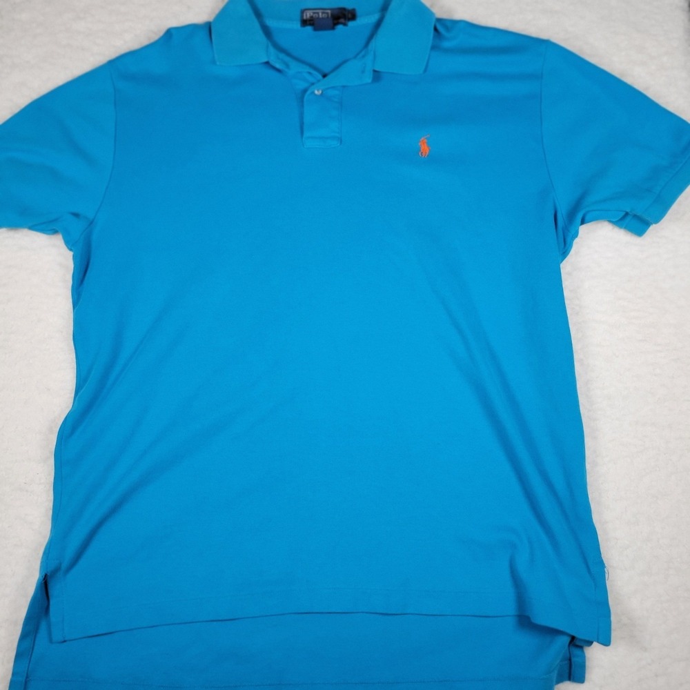 Polo Ralph Lauren Polo Shirt Men Large Blue Short Sleeve Orange Pony Logo